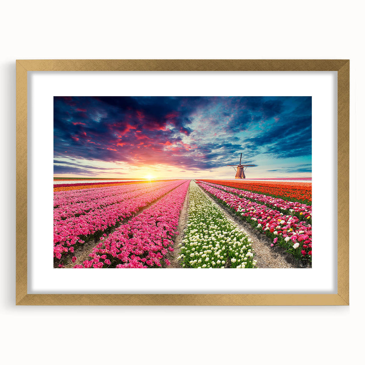 Elegant gold-framed wall art featuring a scenic landscape with windmills, perfect for home decor. This collection adds a touch of sophistication to any room.