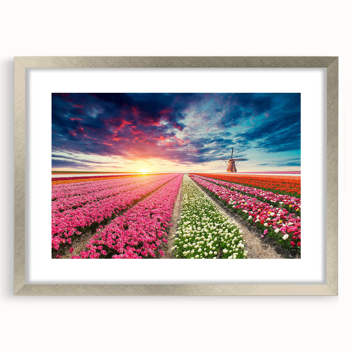 Framed wall art collection featuring a serene landscape with windmills, presented in a silver frame with matting, ideal for home decor and art enthusiasts.