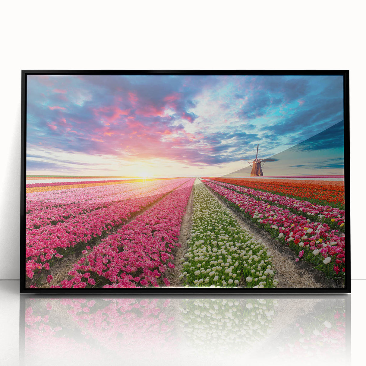 Framed acrylic wall art featuring a scenic landscape design with windmills, showcasing vibrant colors and intricate details, perfect for home decor.