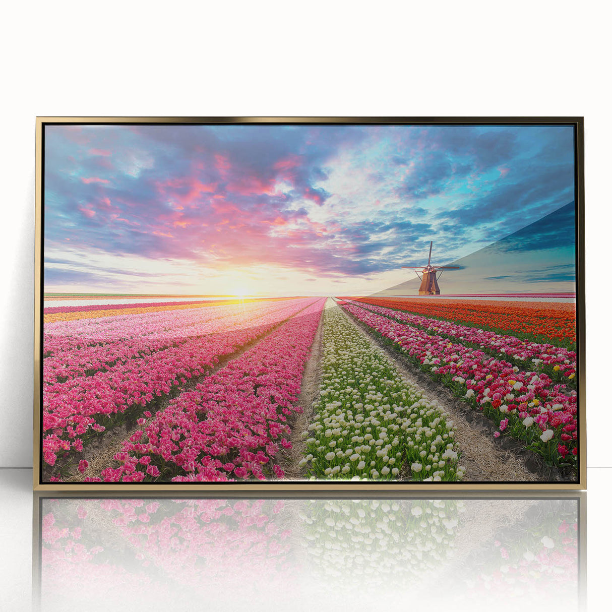 Framed wall art featuring a serene landscape with windmills, set in a gold frame; the acrylic finish enhances the vibrant colors and details of the scene. Ideal for home decor, this piece adds elegance and tranquility to any room.