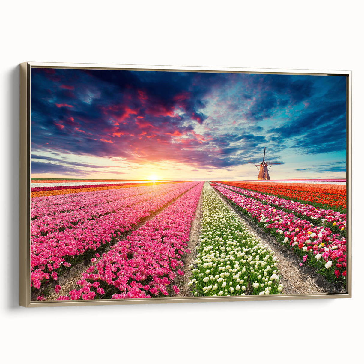 Framed canvas wall art depicting a scenic landscape with windmills, showcasing golden hues and intricate details, perfect for adding elegance to any room.