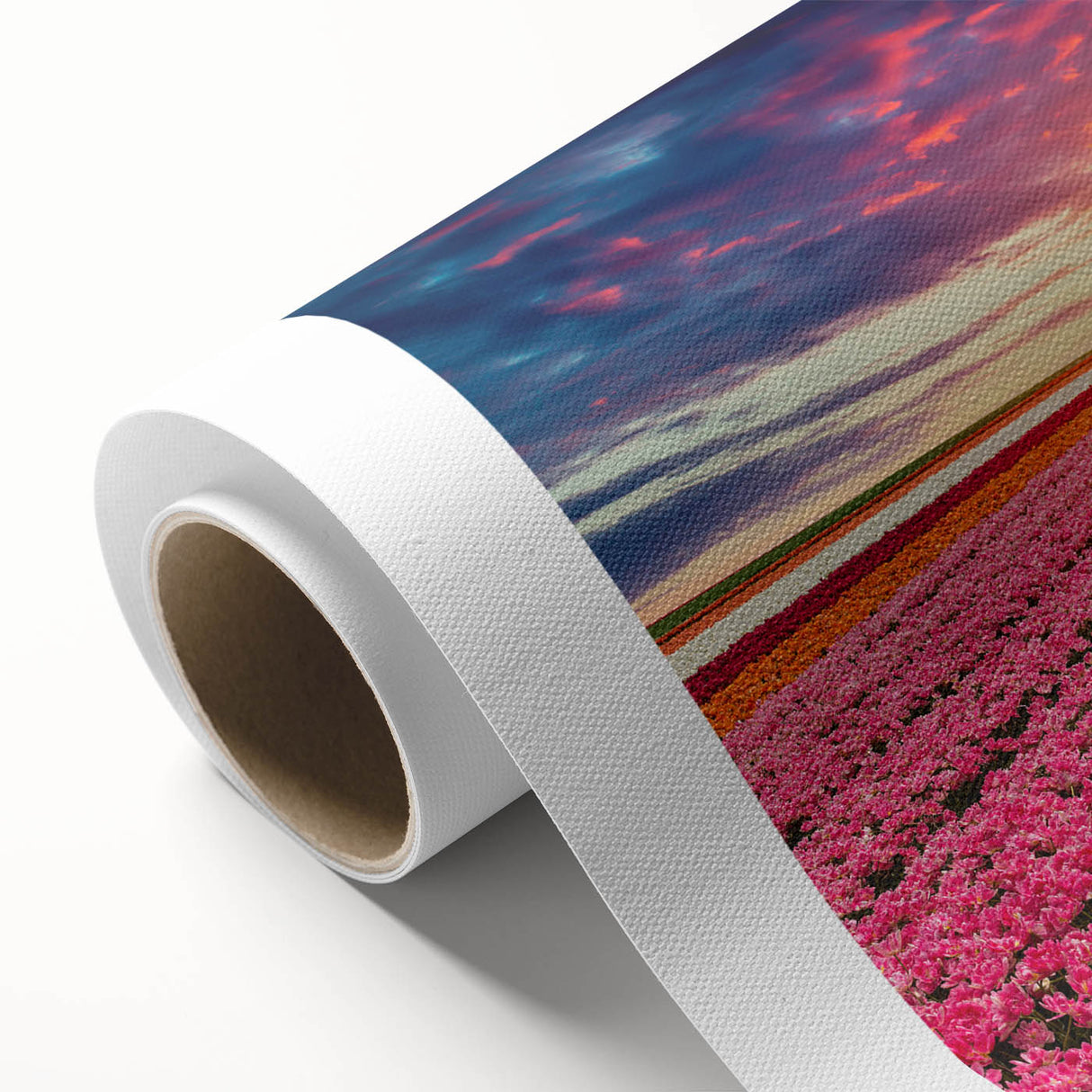 Rolled canvas wall art depicting a vibrant landscape with windmills against a sunset sky, showcasing rich colors and detailed textures, perfect for home decor.