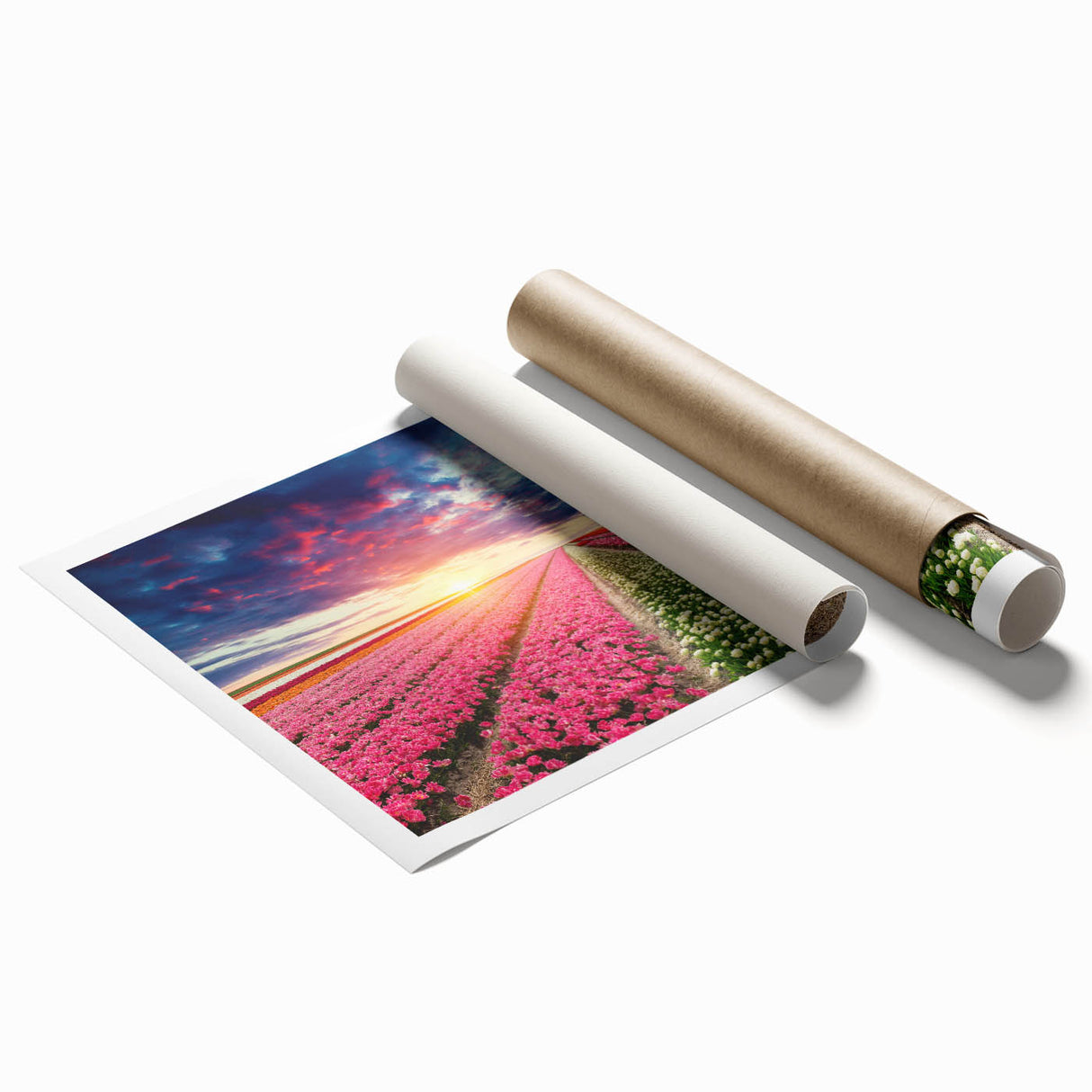 Rolled print showcasing a vibrant landscape with windmills against a sunset backdrop, ideal for home decor, packaged securely in a protective tube.