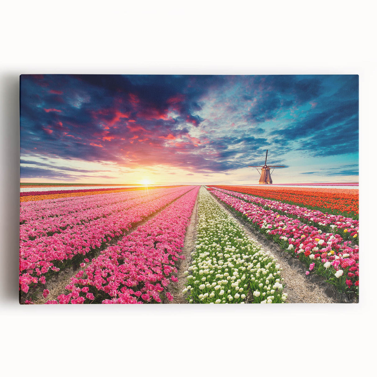 Stretched canvas wall art showcasing a vibrant landscape with windmills under a clear blue sky, perfect for enhancing home decor. Ideal for art enthusiasts and collectors.