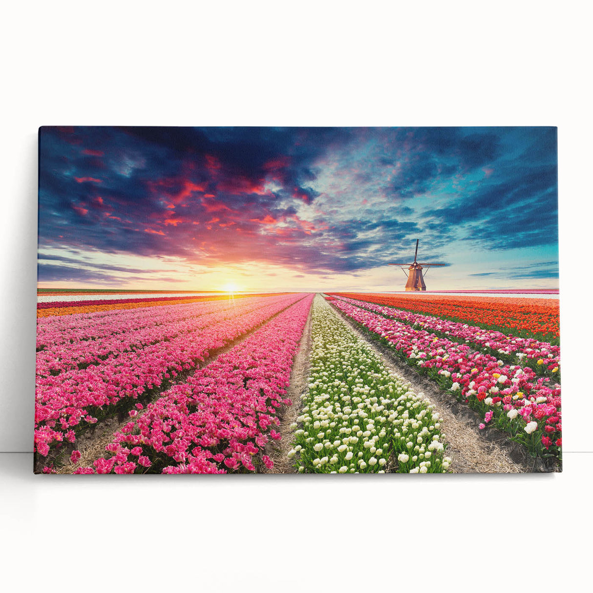 Stretched canvas wall art featuring an idyllic landscape with windmills, showcasing vibrant colors and intricate details, perfect for home decor enhancement.