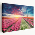 Side view of a stretched canvas wall art piece showcasing a vibrant landscape with windmills, perfect for home decor, featuring soft pastel colors and a serene atmosphere.