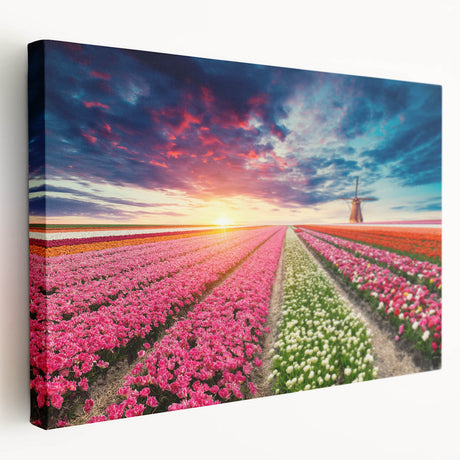 Side view of a stretched canvas wall art piece showcasing a vibrant landscape with windmills, perfect for home decor, featuring soft pastel colors and a serene atmosphere.