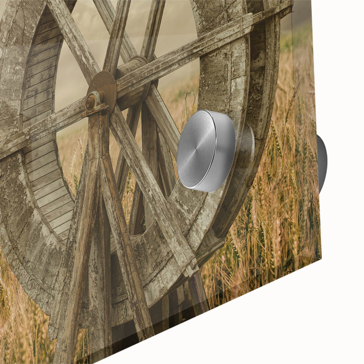 Close-up of a vibrant acrylic glass wall art piece showcasing a serene landscape with windmills, emphasizing intricate details and colors, perfect for home decor.
