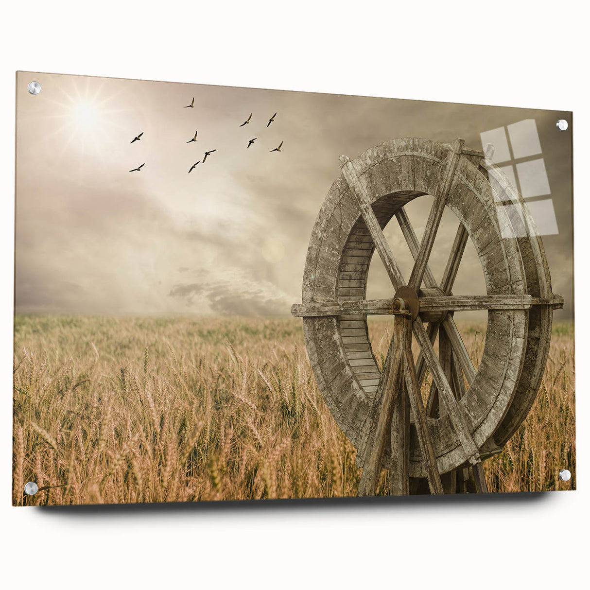 Acrylic wall art collection showcasing a picturesque landscape with windmills in a vibrant color palette, displayed in a sleek side view with pins for hanging.