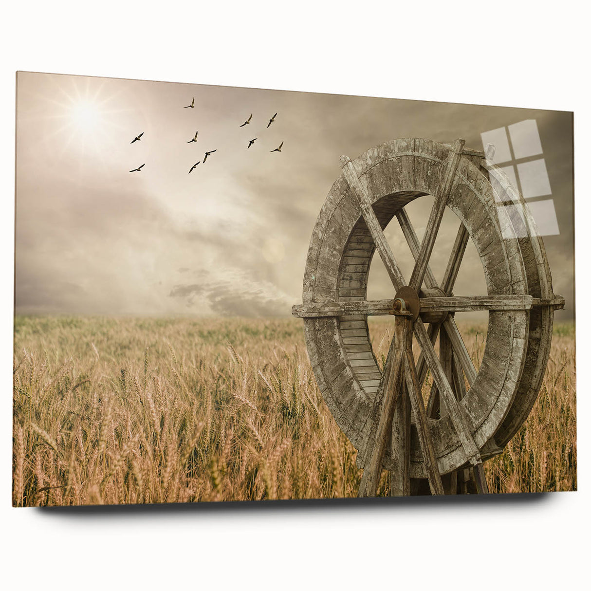 Acrylic glass wall art featuring a scenic landscape of windmills against a vibrant sunset, showcasing rich colors and intricate details, perfect for enhancing modern decor.