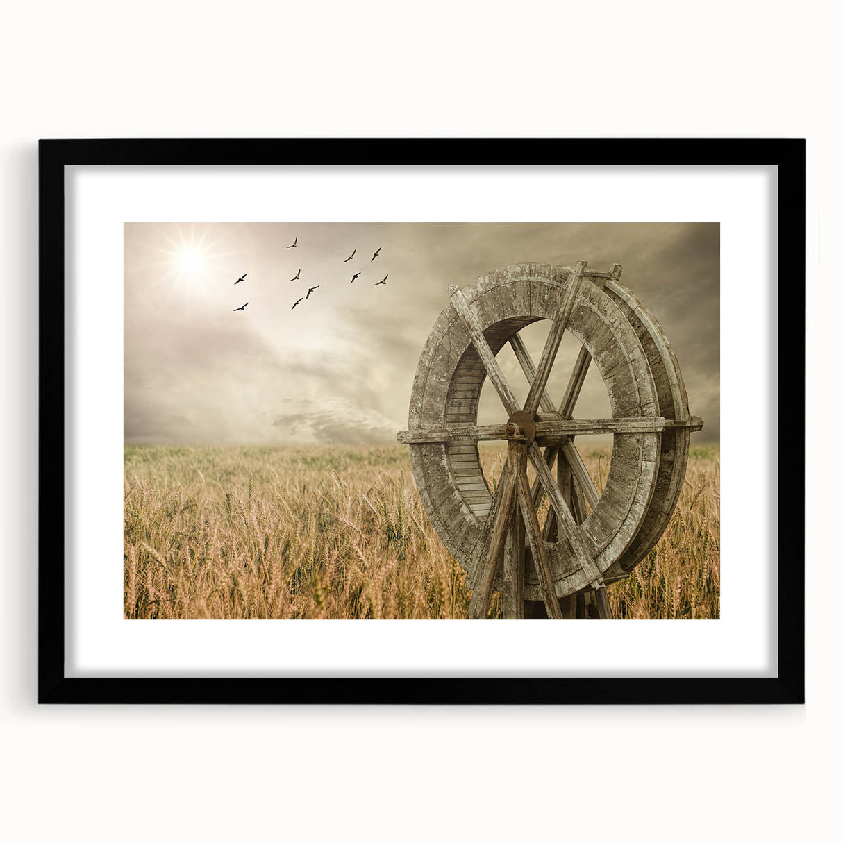 Framed wall art featuring a serene landscape with windmills, presented in a sleek black frame with a mat, ideal for modern home decor and artistic ambiance.