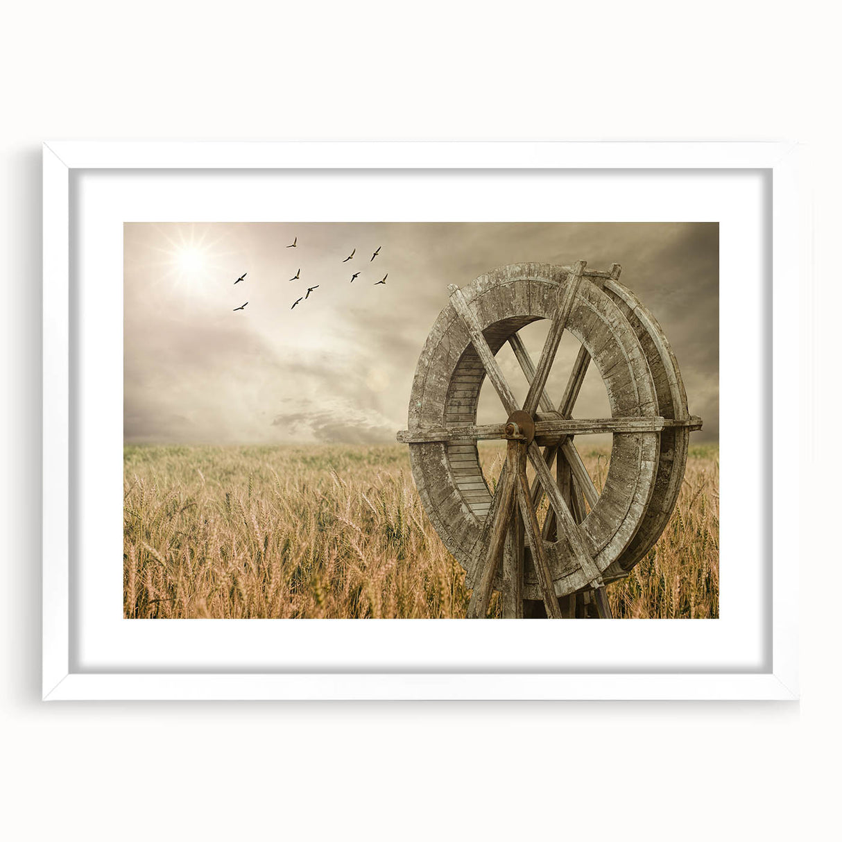 Framed wall art showcasing a picturesque landscape with windmills, featuring a white mat and sleek frame, perfect for modern home decor.