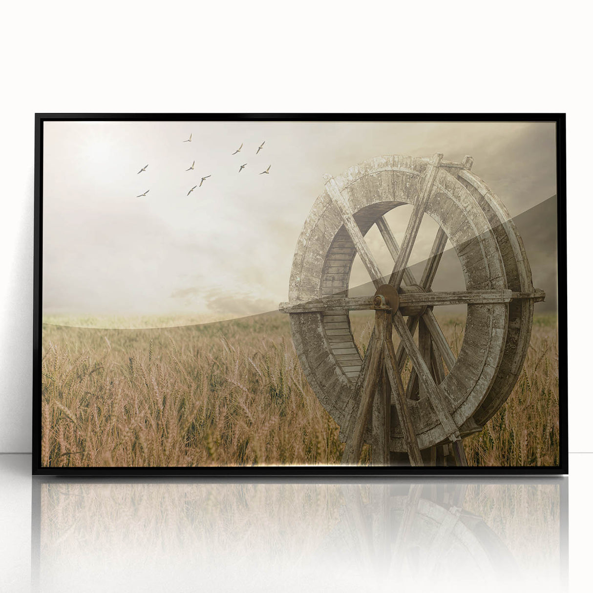Framed wall art featuring a stunning landscape with windmills, showcasing vibrant colors and intricate details, ideal for modern home decor.