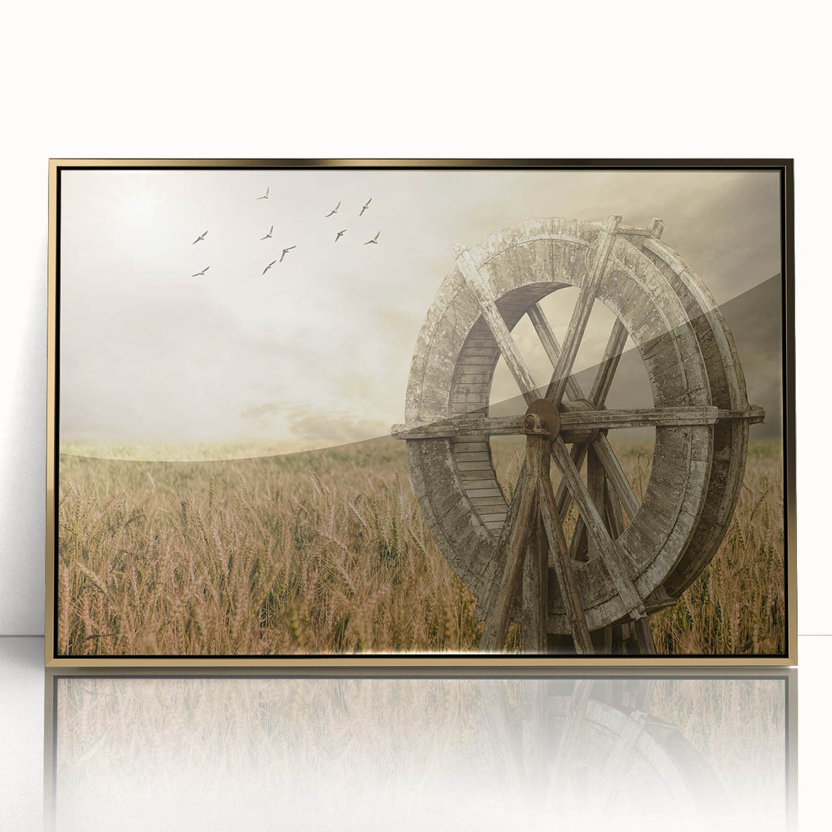 Framed acrylic wall art showcasing a serene landscape with windmills against a golden sunset, perfect for home decor. Ideal for adding elegance to any space.