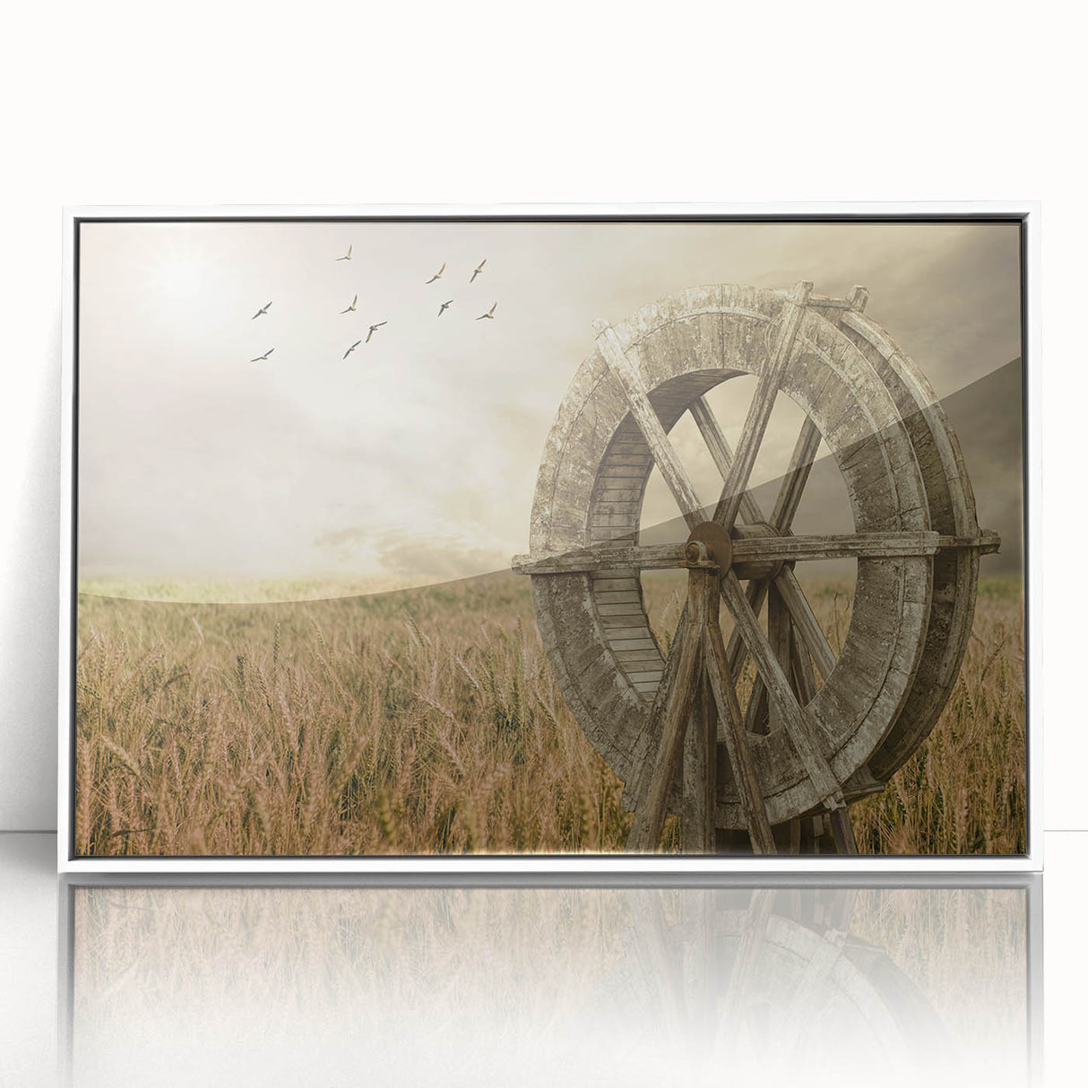 Framed acrylic wall art featuring a scenic landscape with windmills, presented in a sleek white frame, ideal for modern home decor. This piece adds a touch of tranquility and elegance to any room.