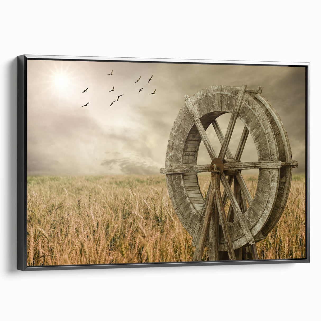 Framed canvas wall art showcasing a serene landscape with windmills, featuring a black frame and a side view, perfect for home decor and aesthetic enhancement.