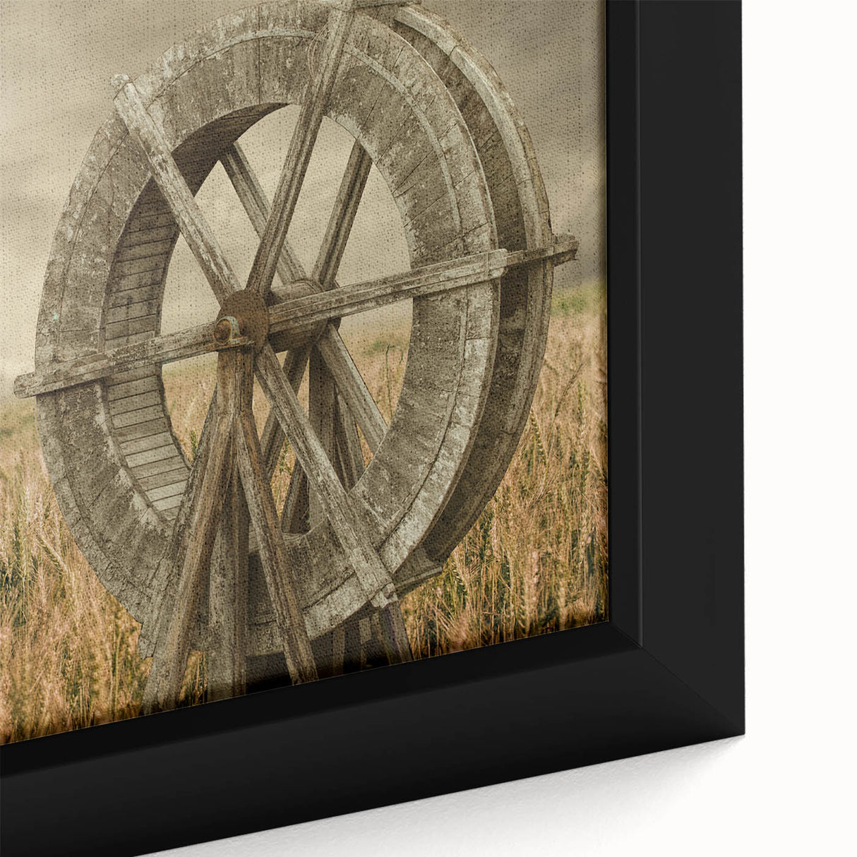 Framed canvas wall art depicting a serene landscape with windmills against a sunset backdrop, showcasing vibrant colors and intricate details, perfect for home decor.