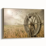 Framed canvas wall art depicting a serene landscape with windmills, featuring a gold frame and vibrant colors, perfect for home decor in modern settings.