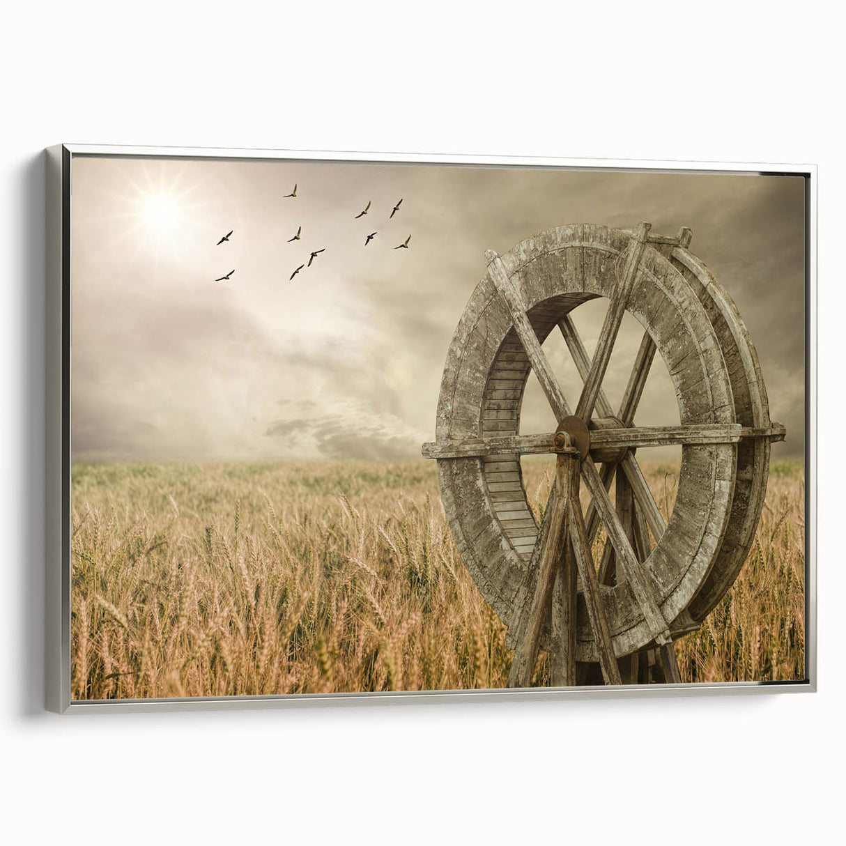 Framed canvas wall art showcasing a serene landscape with windmills, elegantly designed in silver hues, perfect for modern home decor. This piece adds a tranquil touch to any room, combining nature and artistry seamlessly.