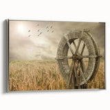Framed canvas wall art showcasing a serene landscape with windmills, elegantly designed in silver hues, perfect for modern home decor. This piece adds a tranquil touch to any room, combining nature and artistry seamlessly.