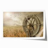 Vibrant rolled print of a serene landscape featuring windmills against a blue sky, ideal for home decor and art enthusiasts, packaged securely for delivery.