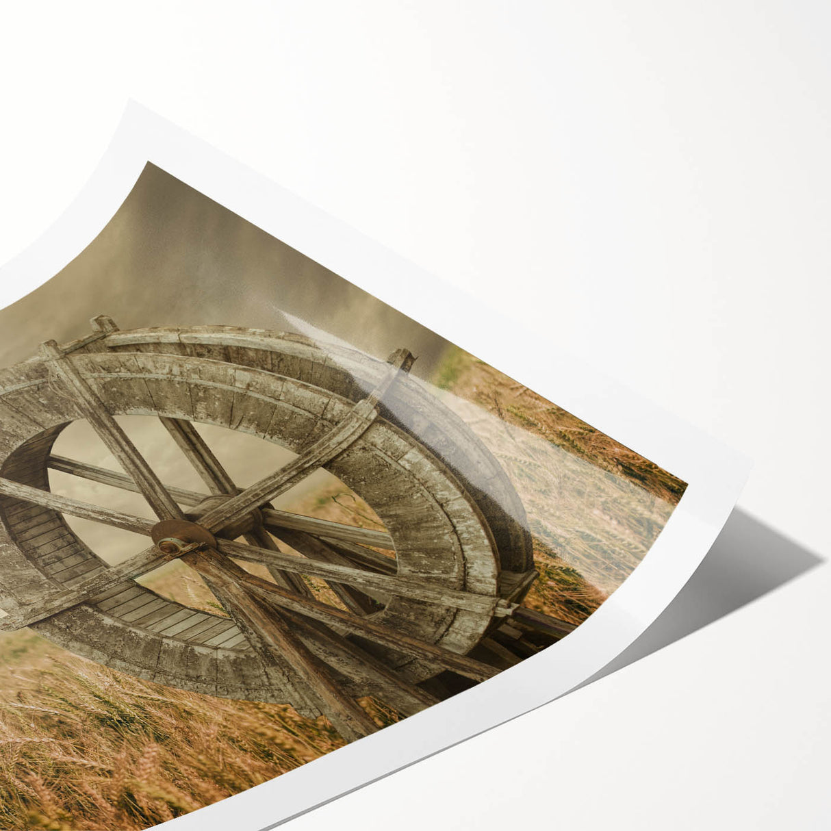 Rolled print showcasing a serene landscape featuring traditional windmills amid lush greenery, perfect for home decor or art collection, packaged securely in a cardboard tube.
