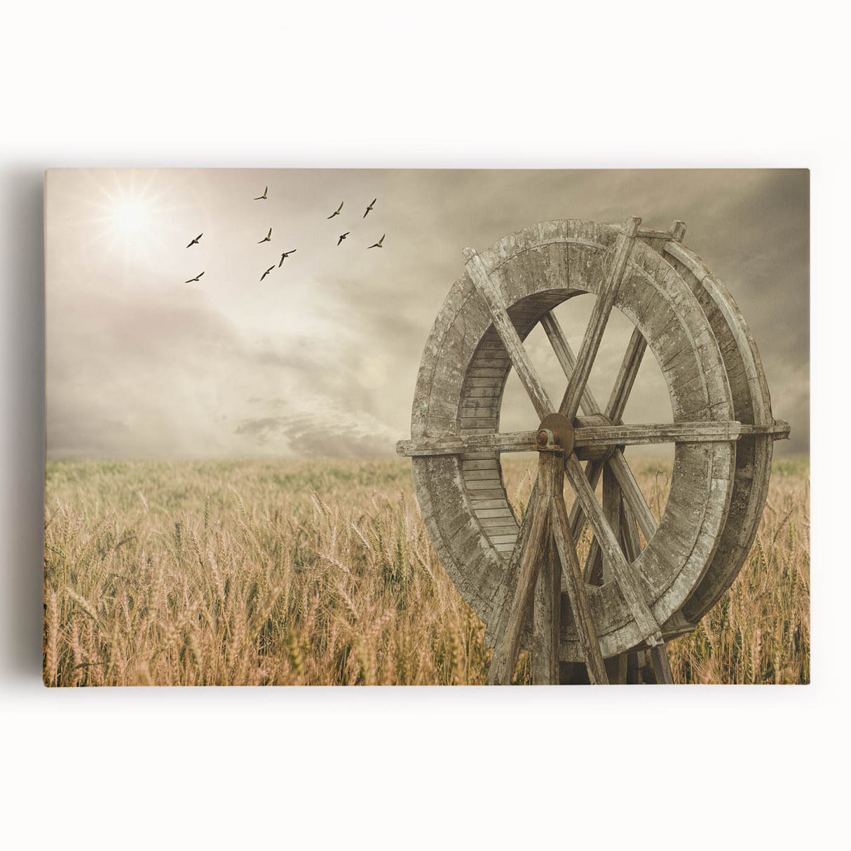 Vibrant stretched canvas wall art depicting a serene landscape with iconic windmills against a blue sky, perfect for enhancing home decor with a touch of nature.
