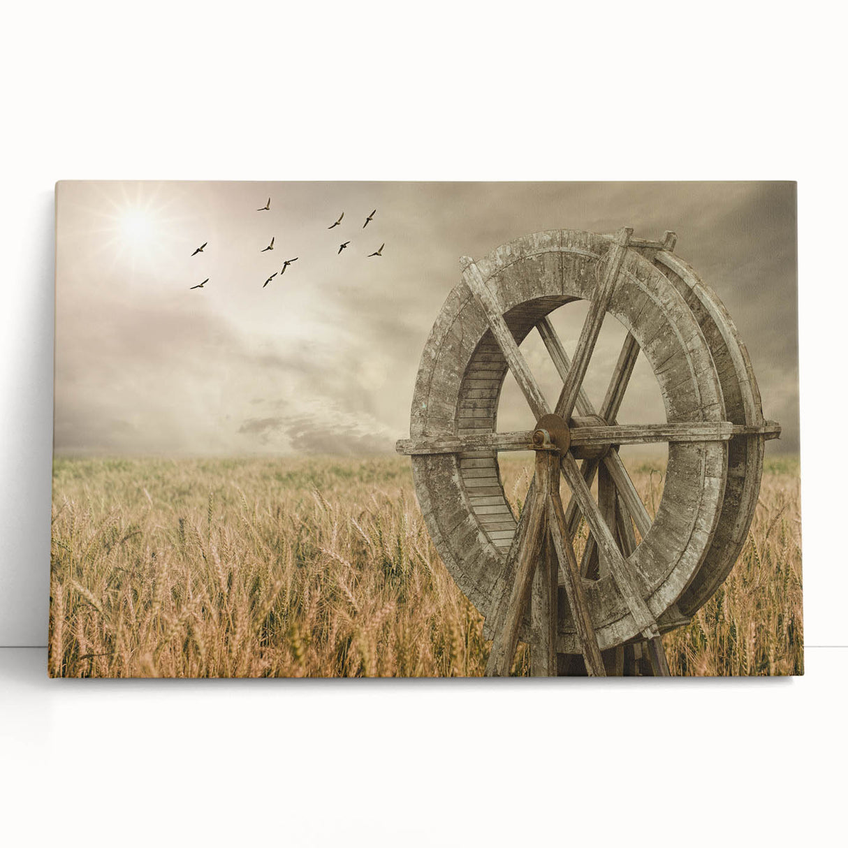 Stretched canvas wall art featuring a picturesque landscape with windmills, showcasing vibrant colors and serene countryside scenery, perfect for home decor.