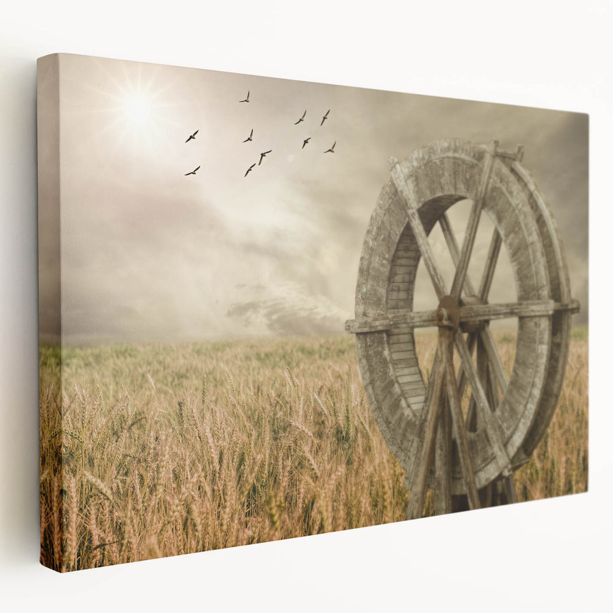 Stretched canvas wall art depicting serene landscapes with windmills, showcasing vibrant colors and intricate details, perfect for home decor enhancement.