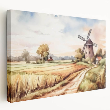 Stretched canvas wall art featuring a serene landscape with windmills, showcasing soft pastel colors and a tranquil atmosphere, ideal for home decor.