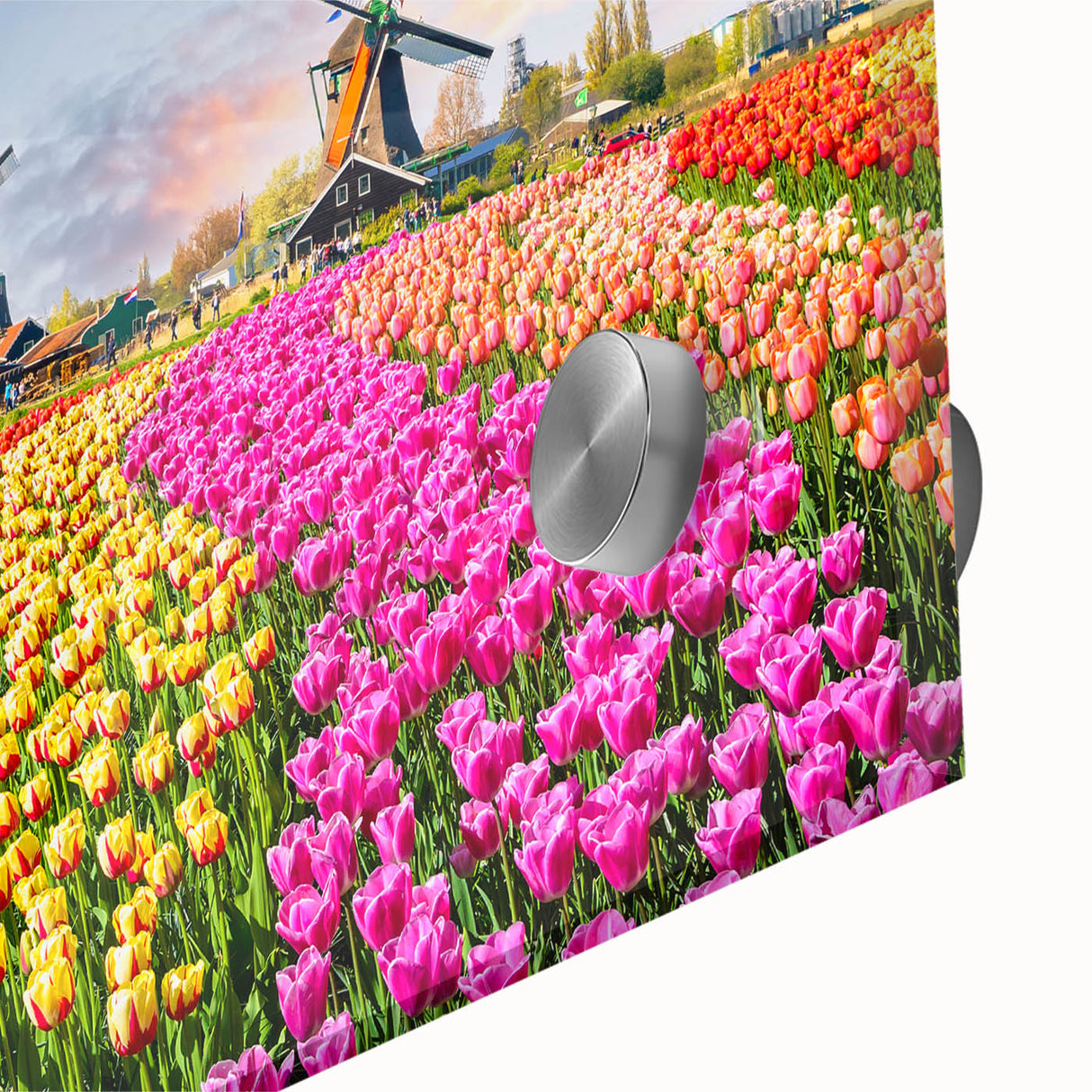Close-up of a stunning acrylic wall art design featuring serene landscapes and windmills, showcasing vibrant colors and intricate details, perfect for home decor.