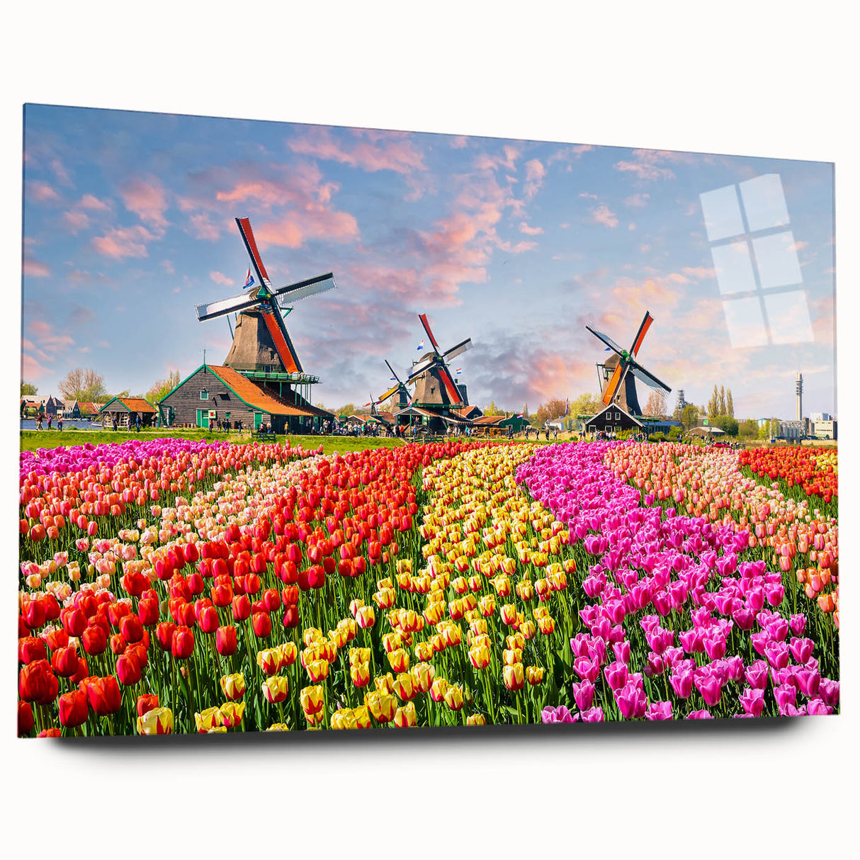 Acrylic glass wall art featuring a serene landscape with windmills, showcasing vibrant colors and intricate details, ideal for enhancing modern home decor.