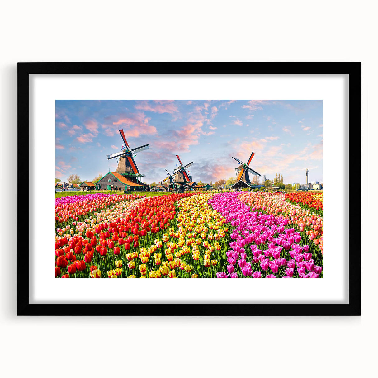 Framed wall art collection showcasing a serene landscape with windmills, featuring a black matte frame and a stylish design ideal for home decor enhancement.