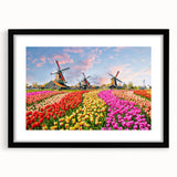 Framed wall art collection showcasing a serene landscape with windmills, featuring a black matte frame and a stylish design ideal for home decor enhancement.