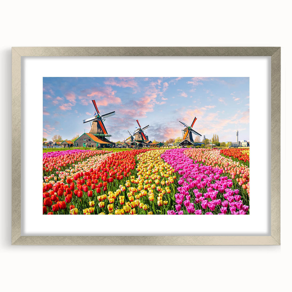 Framed silver wall art featuring a scenic landscape with windmills, elegantly matted, showcasing a modern design perfect for home decor, measuring 30 inches.