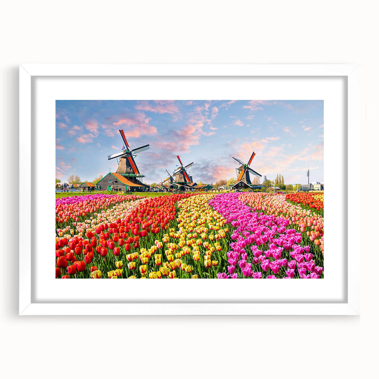 Framed wall art showcasing a serene landscape with windmills, featuring a white mat and sleek design, perfect for enhancing home decor. Ideal for art enthusiasts.