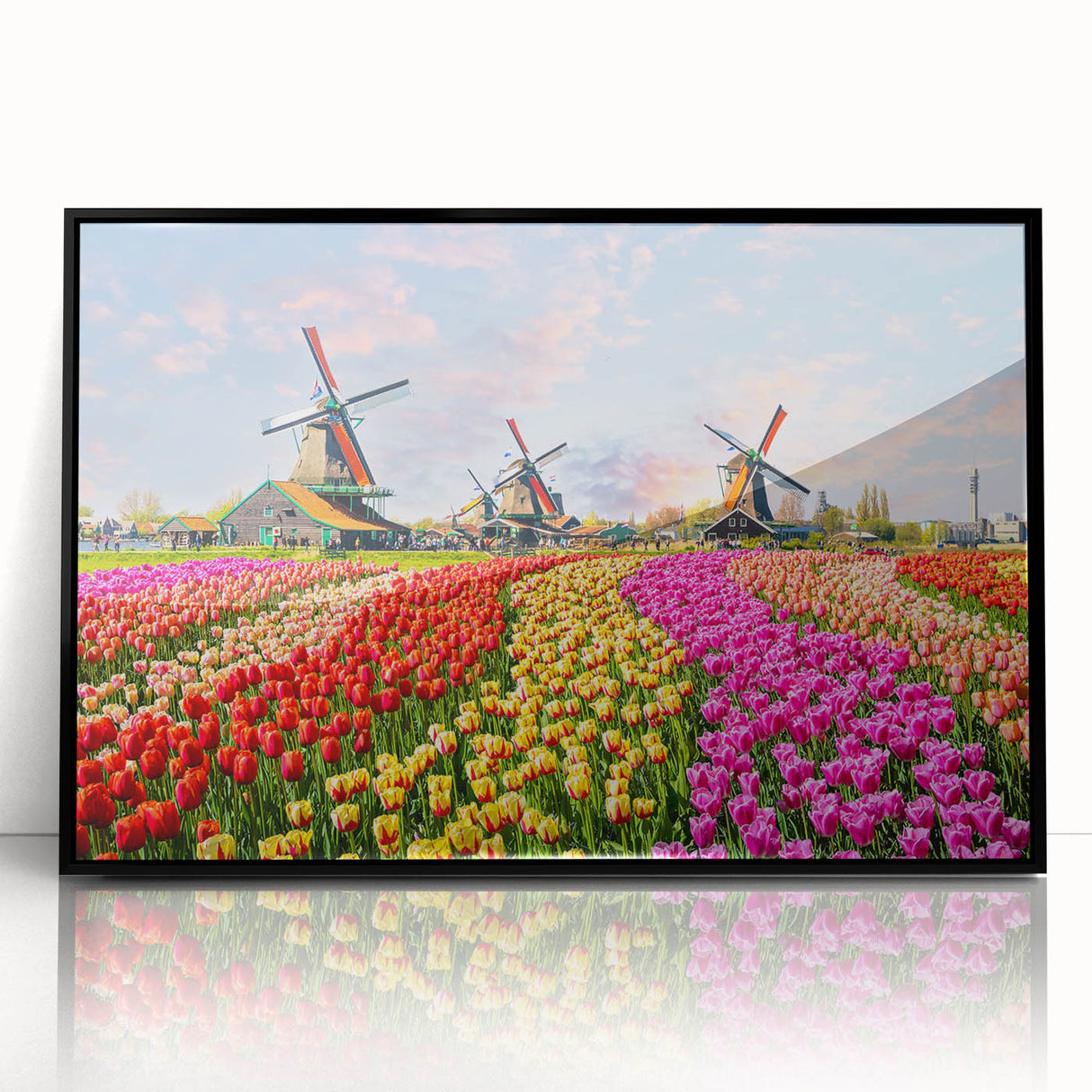 Framed wall art collection showcasing a serene landscape with windmills, featuring a black frame and acrylic front, ideal for home decor or office settings.