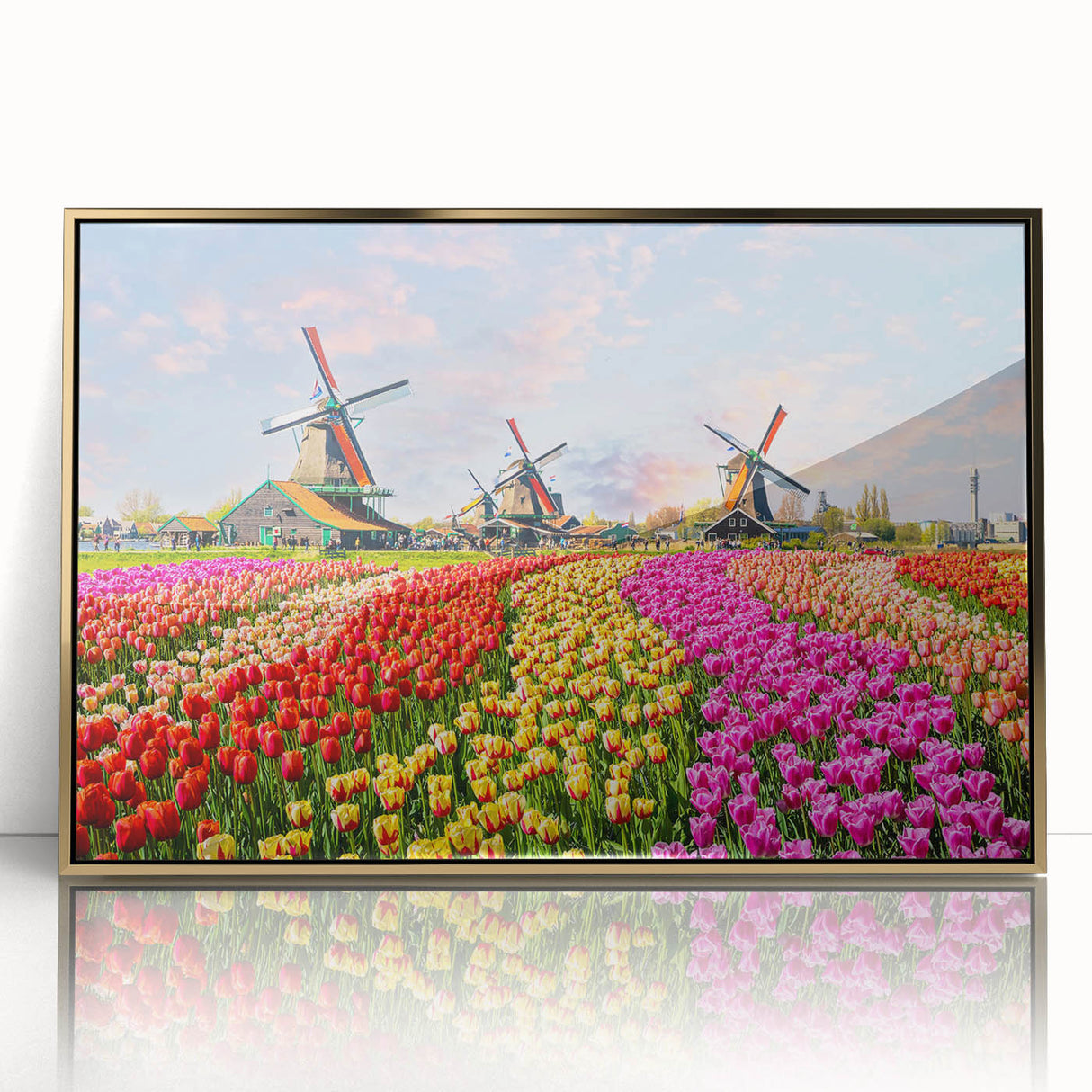 Framed landscape wall art collection showcasing serene windmill scenery in gold accents, perfect for home decor, enhancing ambiance with elegance.