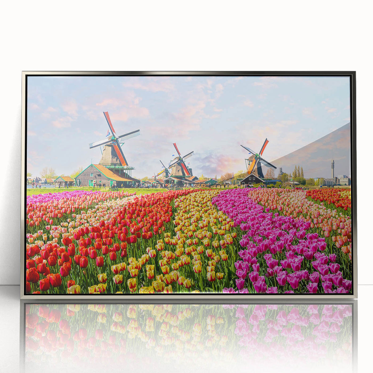 Framed acrylic wall art showcasing a serene landscape with windmills, designed in silver, perfect for enhancing modern decor in living spaces.