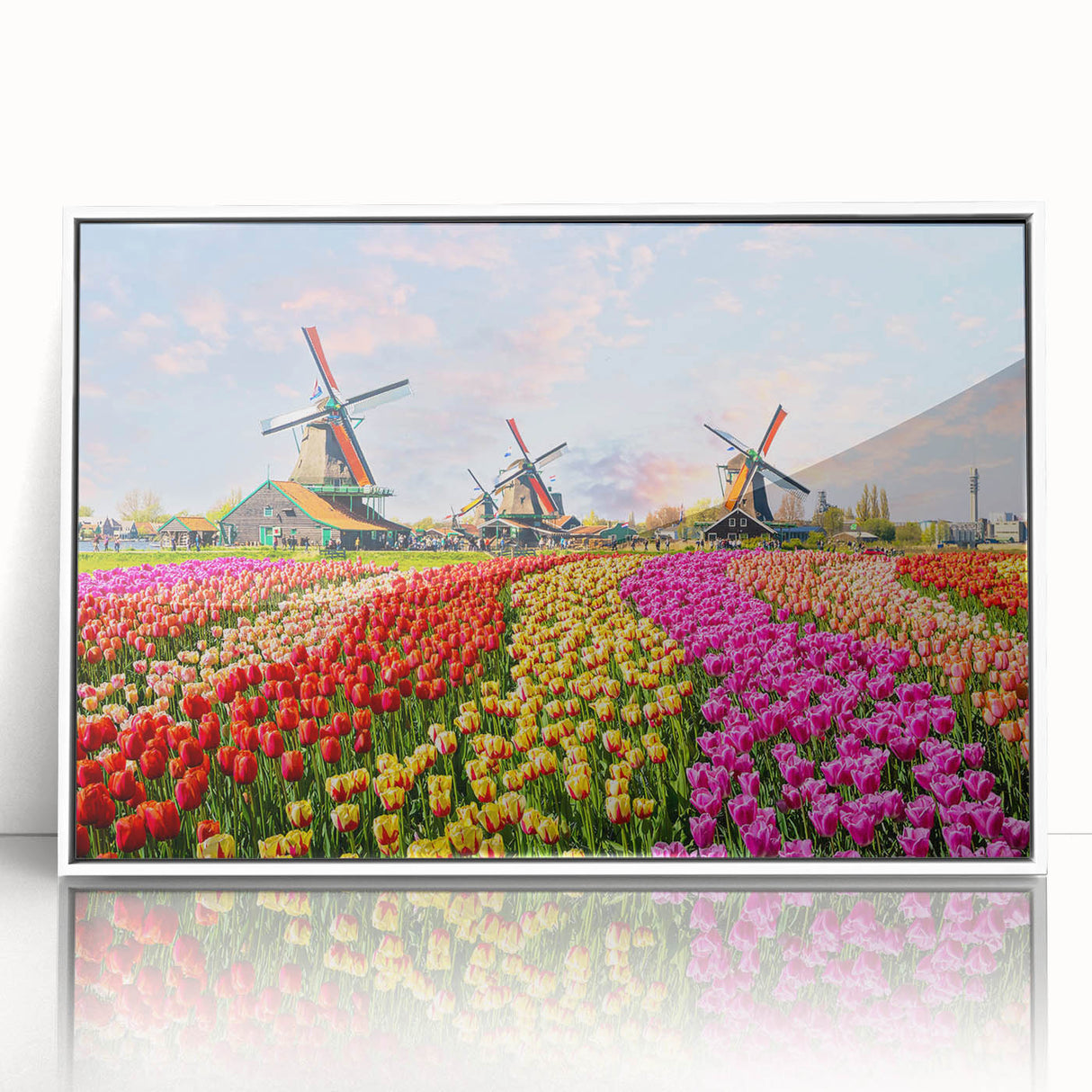 Framed wall art collection showcasing a serene landscape with windmills, featuring a white frame and acrylic finish, perfect for home decor enhancement.