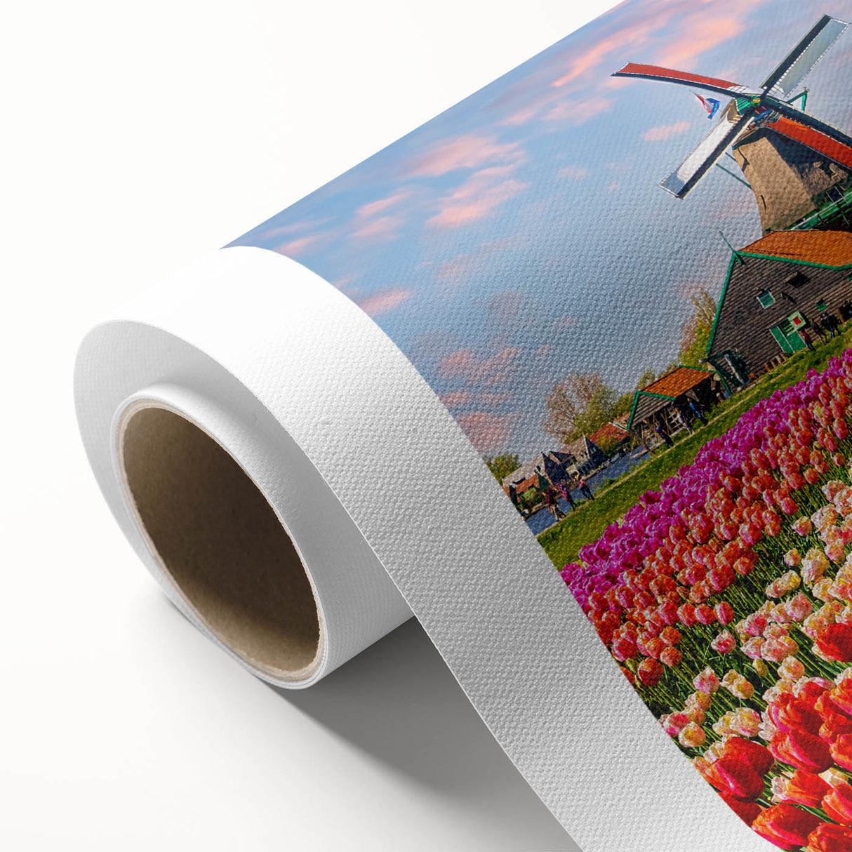 Rolled canvas artwork showcasing a serene landscape with windmills, vibrant colors, and intricate details, perfect for enhancing home decor and creating a calming atmosphere.