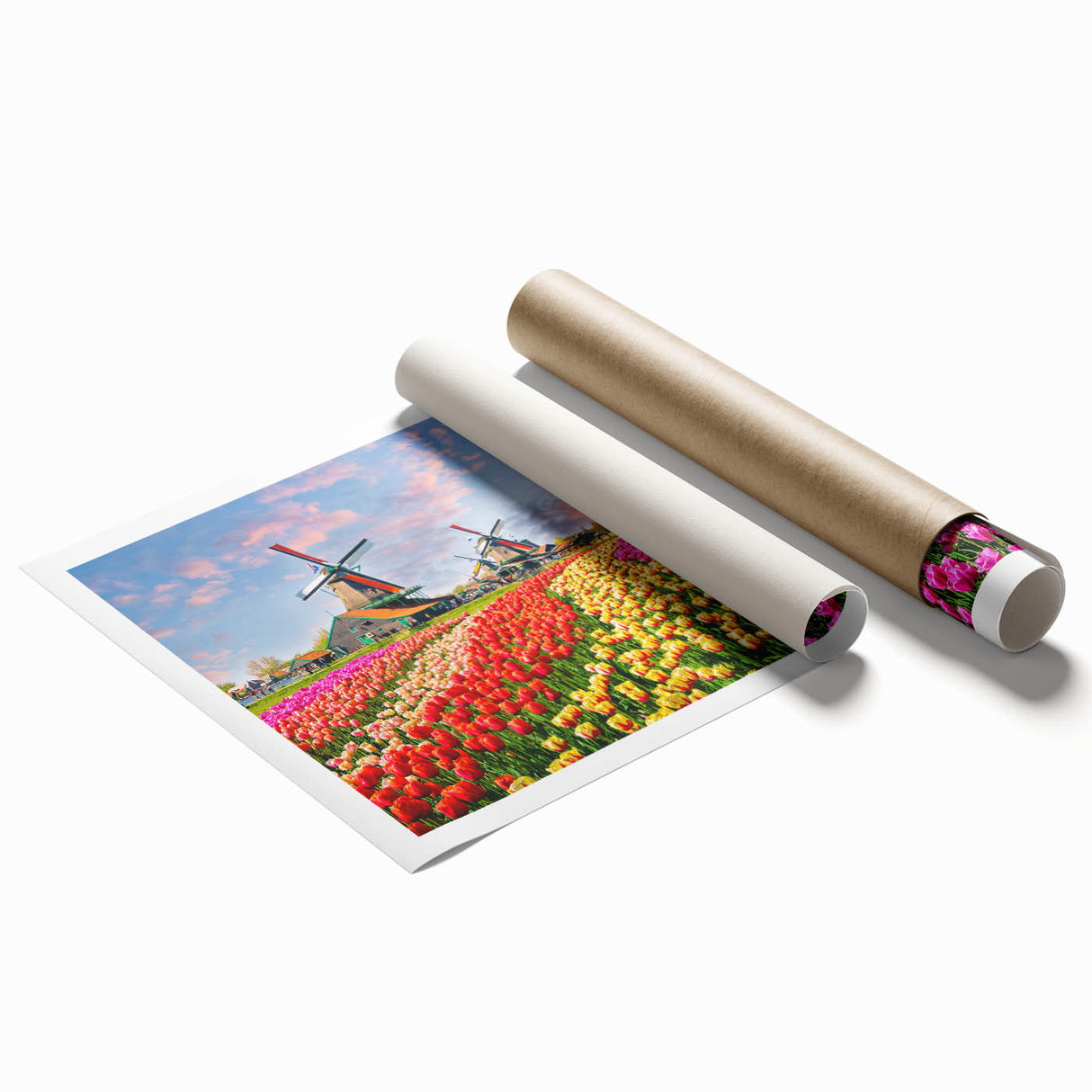 Colorful rolled print showcasing a serene landscape with windmills against a vibrant sunset, perfect for home decor or art enthusiasts, packaged securely in a tube.