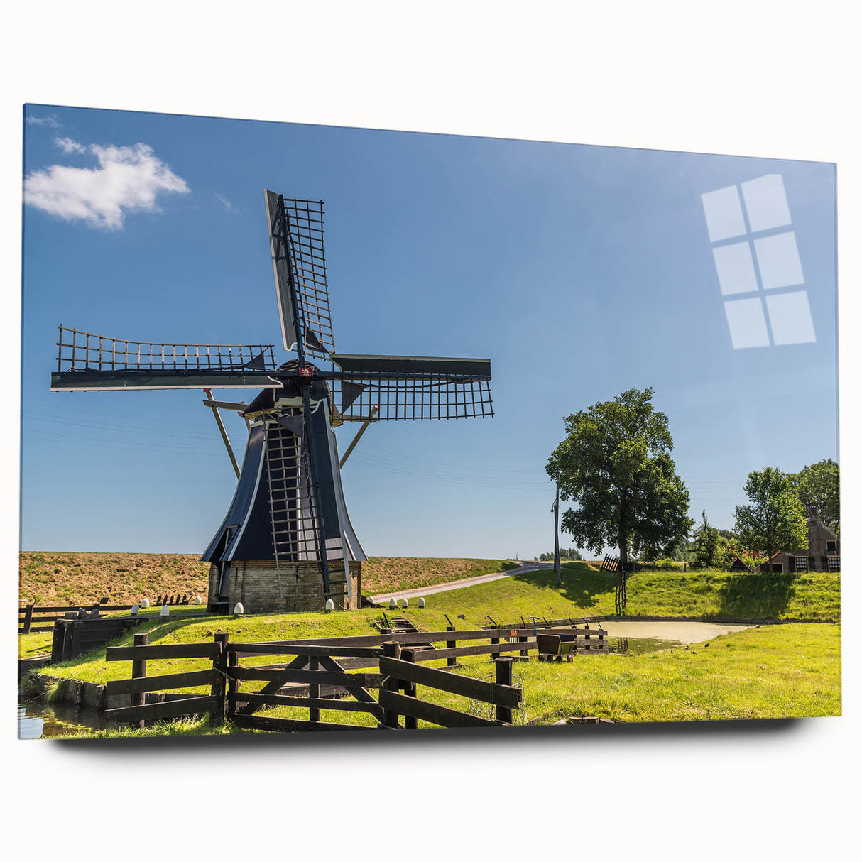 Acrylic wall art design showcasing a side view of a landscape featuring windmills, set against a serene sky. Ideal for modern home decor, this piece adds a touch of elegance and tranquility to any space. Perfect for enhancing interior aesthetics.