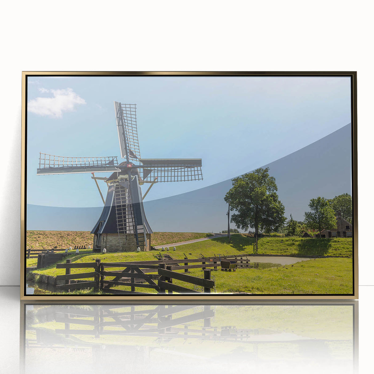 Framed acrylic wall art depicting a serene landscape with windmills, showcasing vibrant colors and intricate details, perfect for enhancing modern home decor.