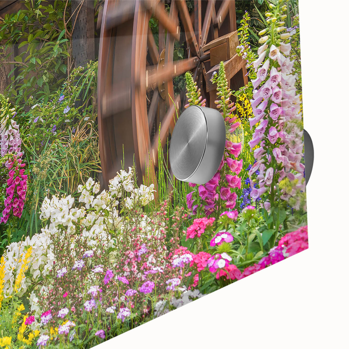 Close-up of a vibrant acrylic glass wall art piece showcasing a picturesque landscape with windmills, enhancing home decor with its colorful details and modern design.