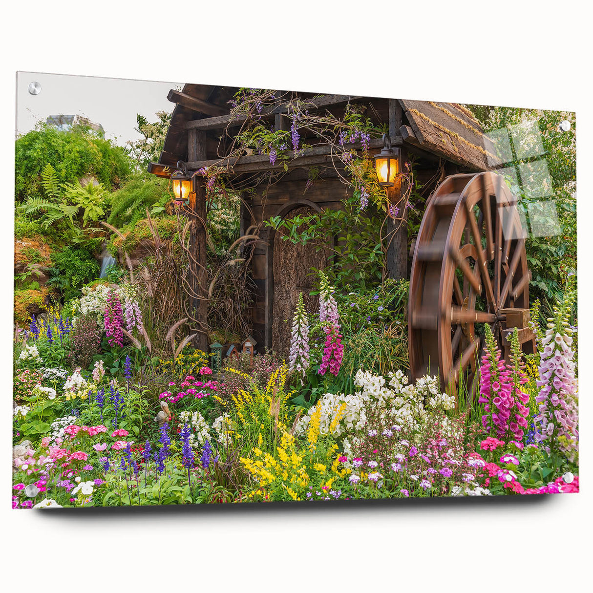 Acrylic glass wall art showcasing a scenic landscape with windmills, featuring vibrant colors and a modern design, ideal for contemporary home decor.
