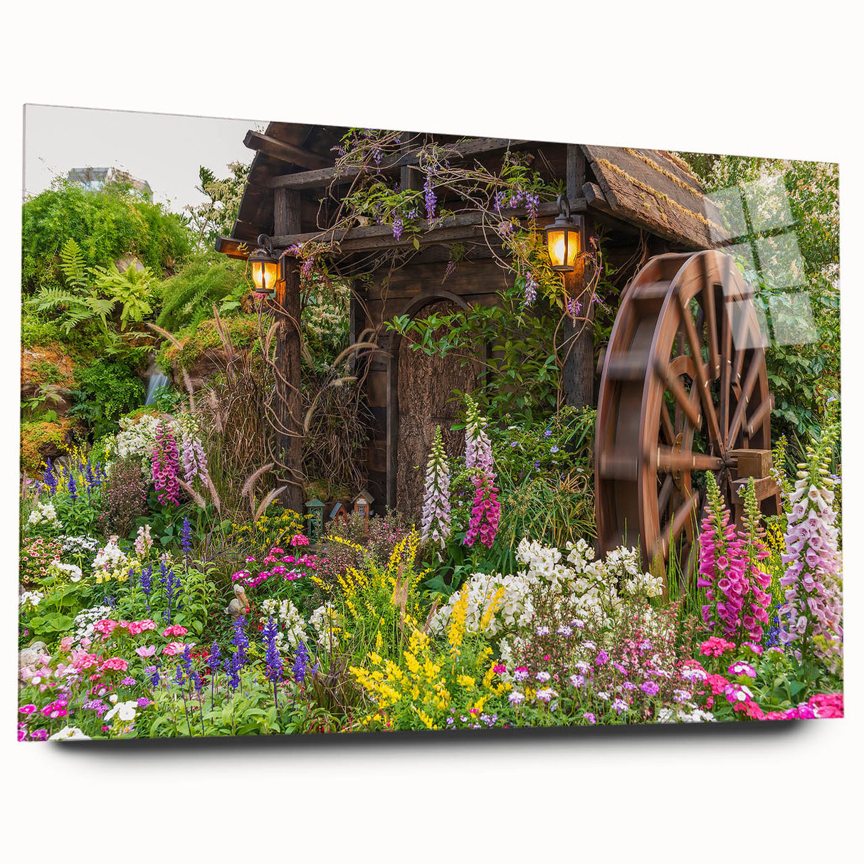 Acrylic glass wall art showcasing a picturesque landscape with windmills, displayed from a side view, highlighting vibrant colors and intricate details. Perfect for home decor enthusiasts seeking a unique and stylish addition to their space.