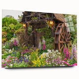Acrylic glass wall art showcasing a picturesque landscape with windmills, displayed from a side view, highlighting vibrant colors and intricate details. Perfect for home decor enthusiasts seeking a unique and stylish addition to their space.
