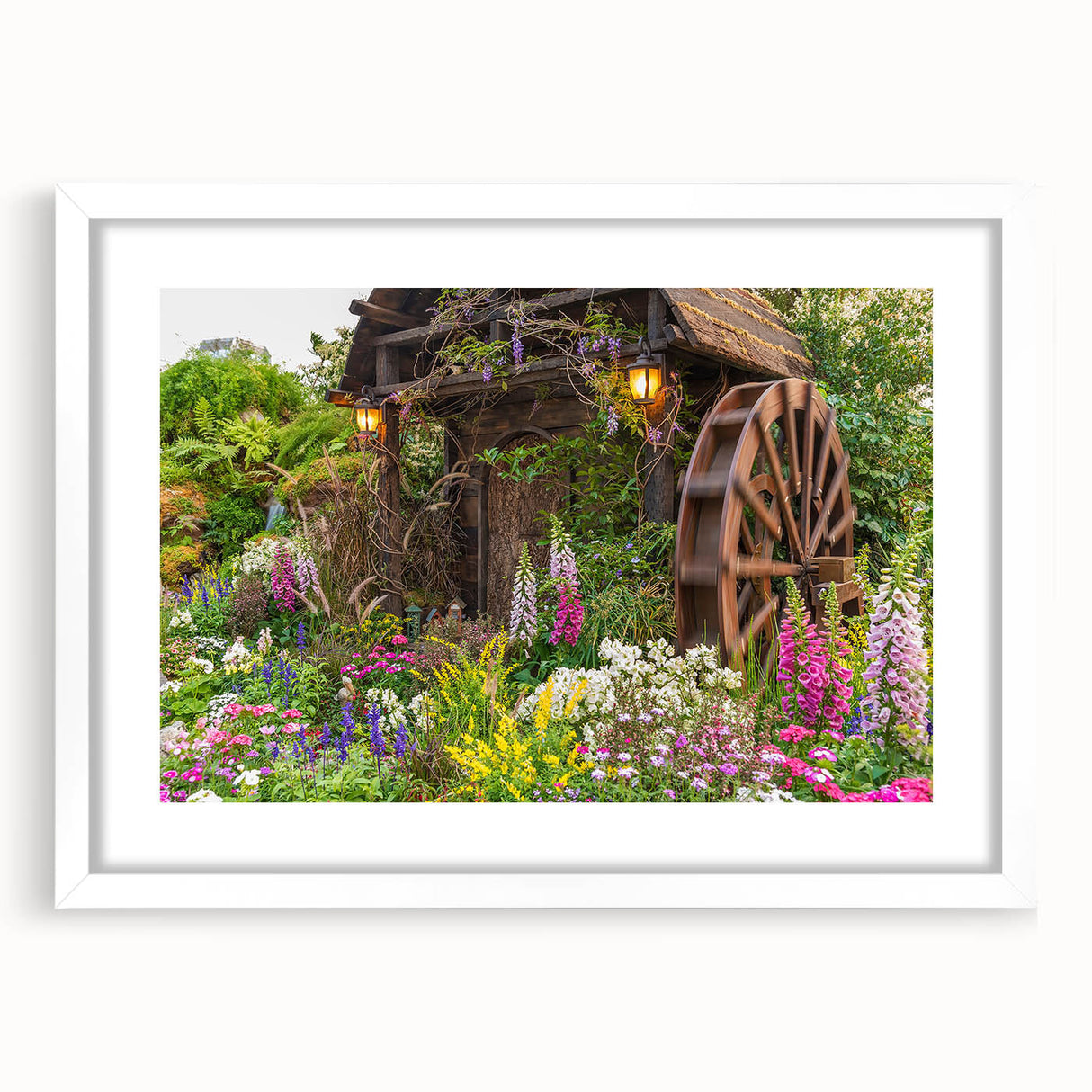 Framed wall art featuring a serene landscape with windmills, presented in a white mat and frame, perfect for enhancing home decor with a touch of tranquility.