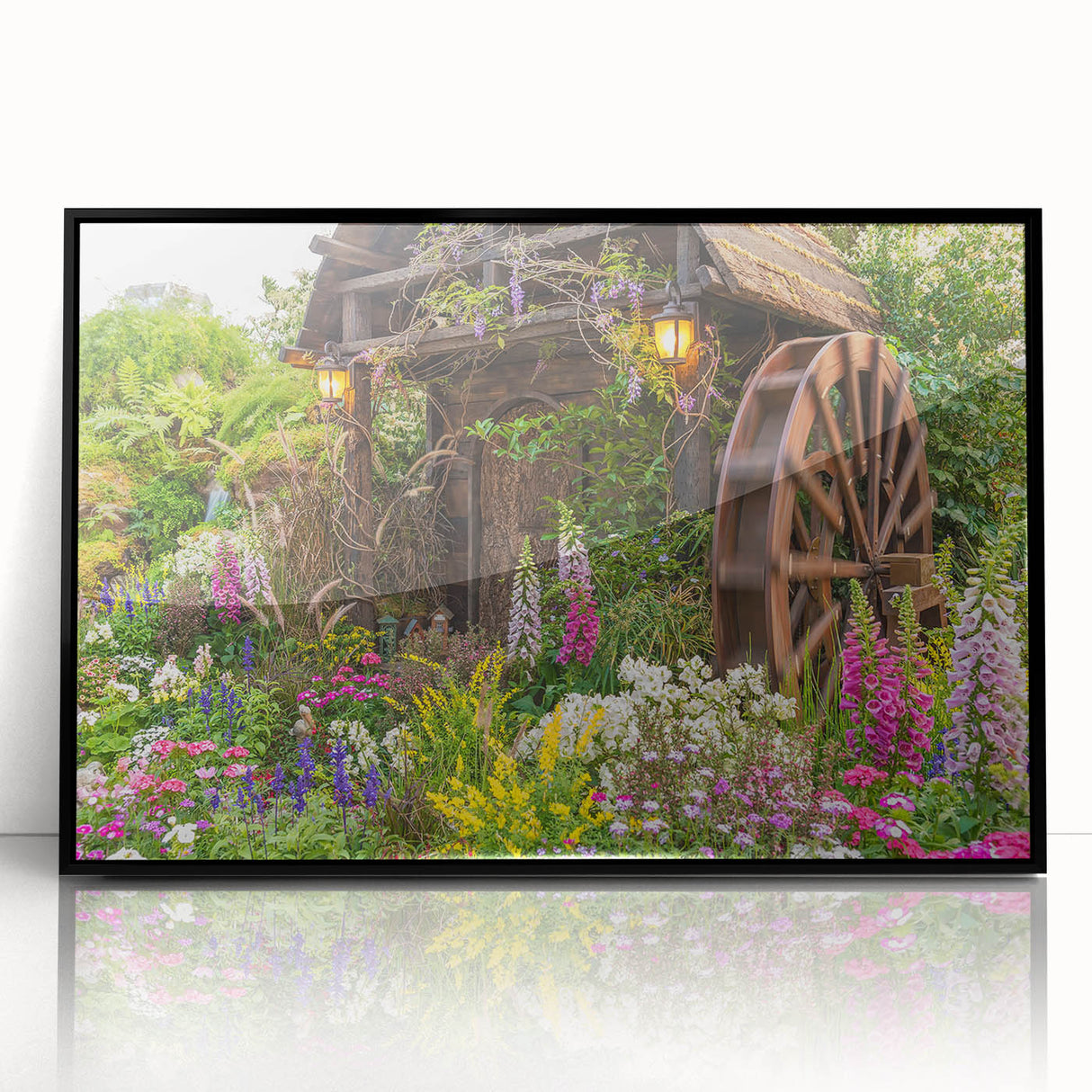 Framed acrylic wall art depicting a serene landscape with windmills, featuring a black frame and clear front view, perfect for home decor and artistic ambiance.